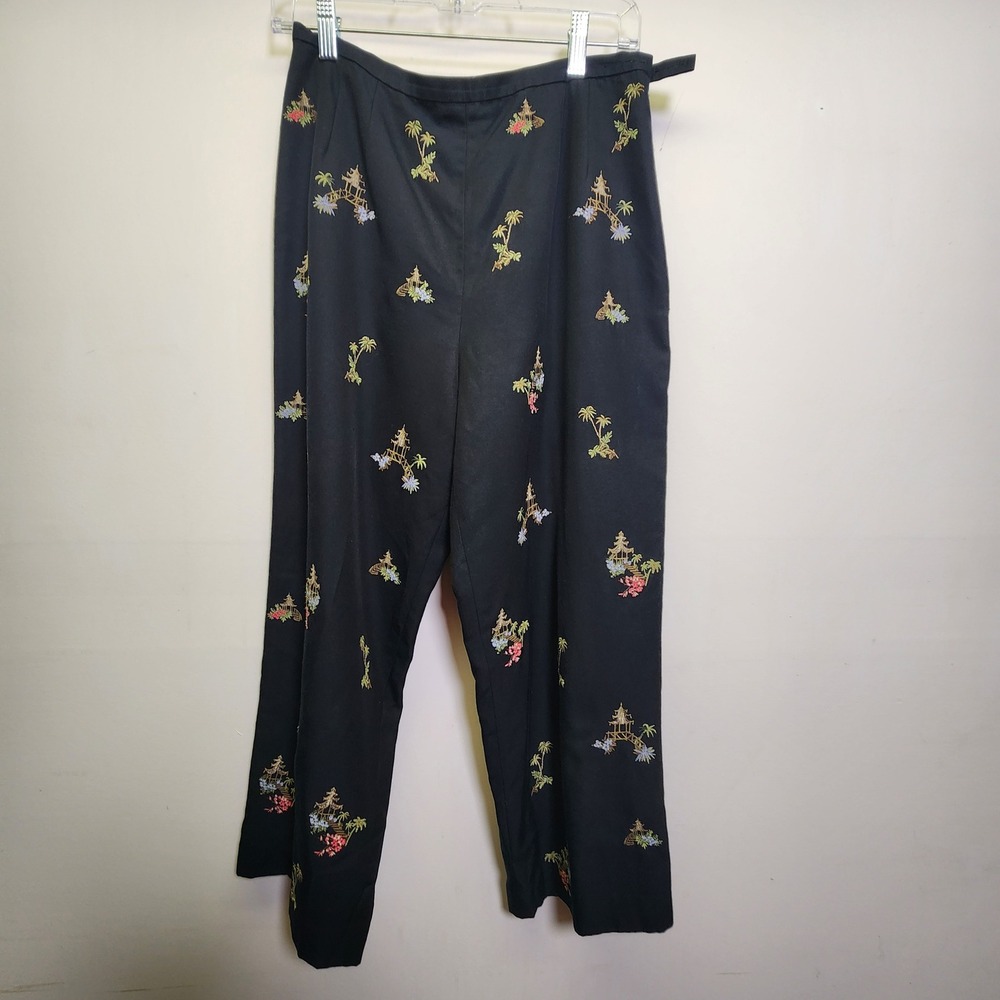 Vtg Talbots Petites Embroidered Silk Cotton Crop Pants Sz 10 Asian Motif Pagoda